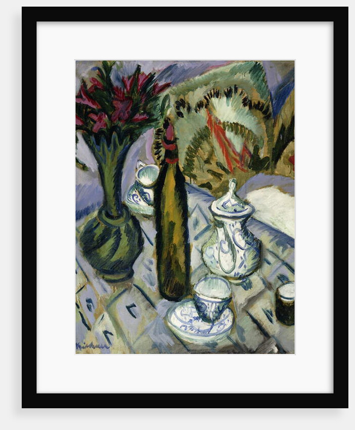 Teapot, Bottle and Red Flowers; Teekanne, Flasche und Rote Blumen, 1912 by Ernst Ludwig Kirchner