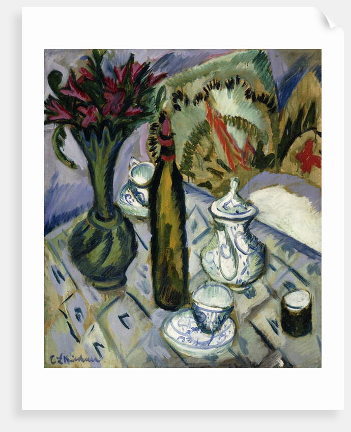Teapot, Bottle and Red Flowers; Teekanne, Flasche und Rote Blumen, 1912 by Ernst Ludwig Kirchner