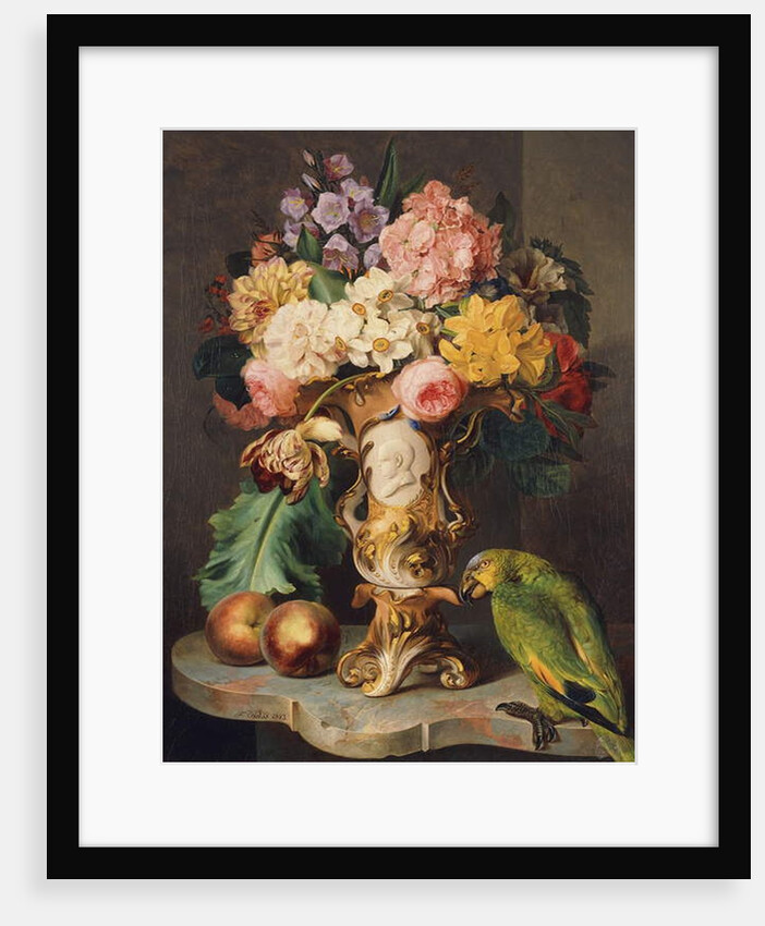 A Still-Life with a Vase of Assorted Flowers, Peaches and a Parrot on a Marble Ledge, 1843 by Ferdinand Kuss