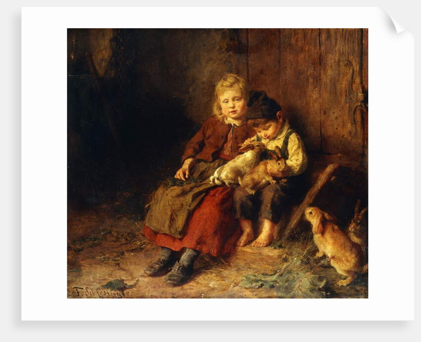 Two Children Playing with Rabbits, by Felix Schlesinger