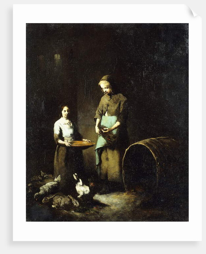 Young Peasant Girls Feeding Barnyard Animals by Auguste Theodule Ribot