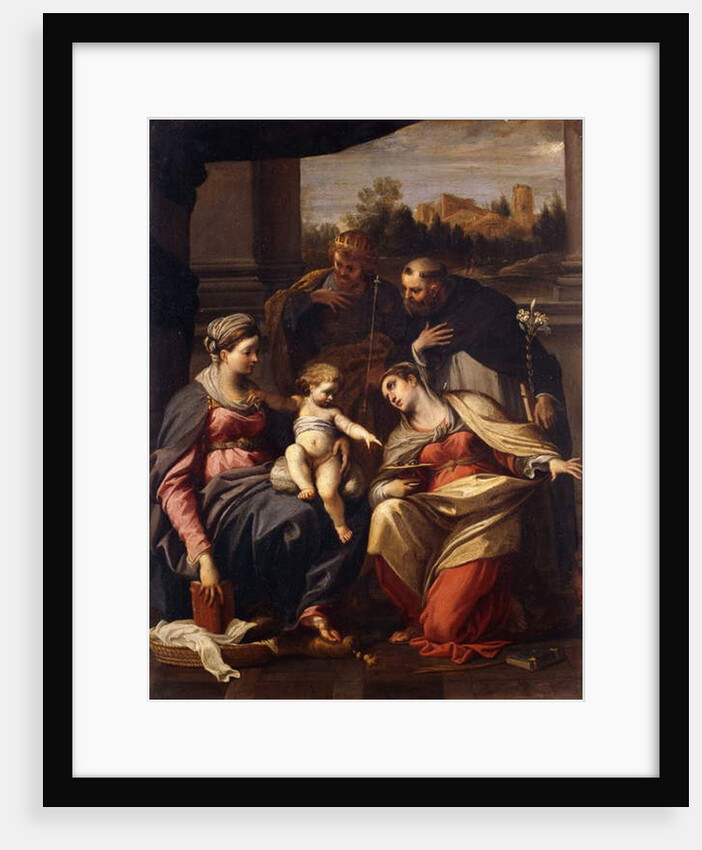 The Madonna and Child with Saints Lucy, Dominic and Louis of France, a landscape with a town through a casement beyond by Annibale Carracci