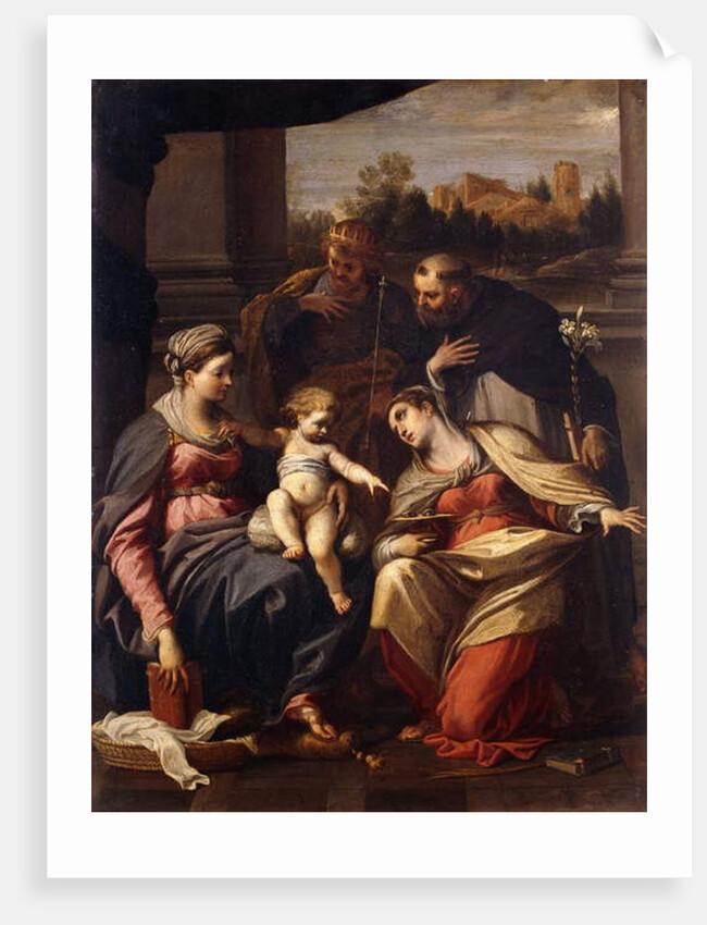 The Madonna and Child with Saints Lucy, Dominic and Louis of France, a landscape with a town through a casement beyond by Annibale Carracci