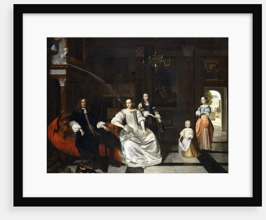 Group Portrait of the Jacott-Hoppesack Family with a Hound in a Sumptuous Classical Interior, a Lady and Gentleman Strolling in a Park Through a Doorway Beyond by Pieter de Hooch