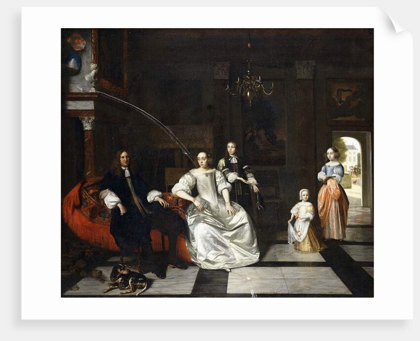 Group Portrait of the Jacott-Hoppesack Family with a Hound in a Sumptuous Classical Interior, a Lady and Gentleman Strolling in a Park Through a Doorway Beyond by Pieter de Hooch