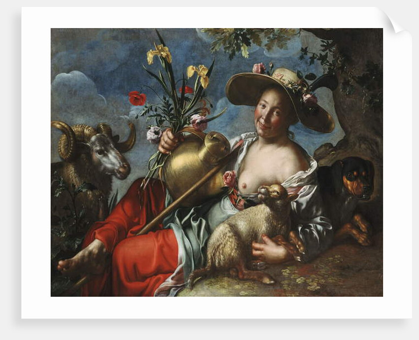 A Shepherdess Reclining with a Rabbit, a Hound and a Ram by Peter Wtewael