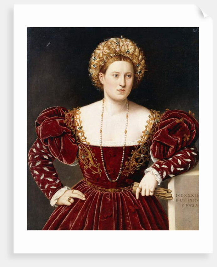Portrait of a Lady, three-quarter-length, in a burgundy dress with slashed sleeves, holding gloves by Bernardino Licinio