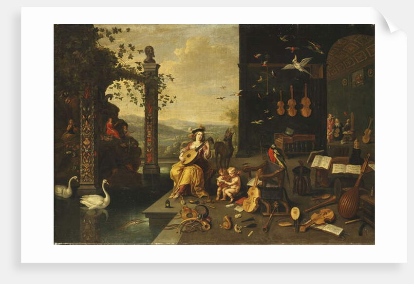 A Personification of Music: A young Woman playing a Lute on a Terrace before an open Gallery by Jan van I & Willemsens Abraham Kessel