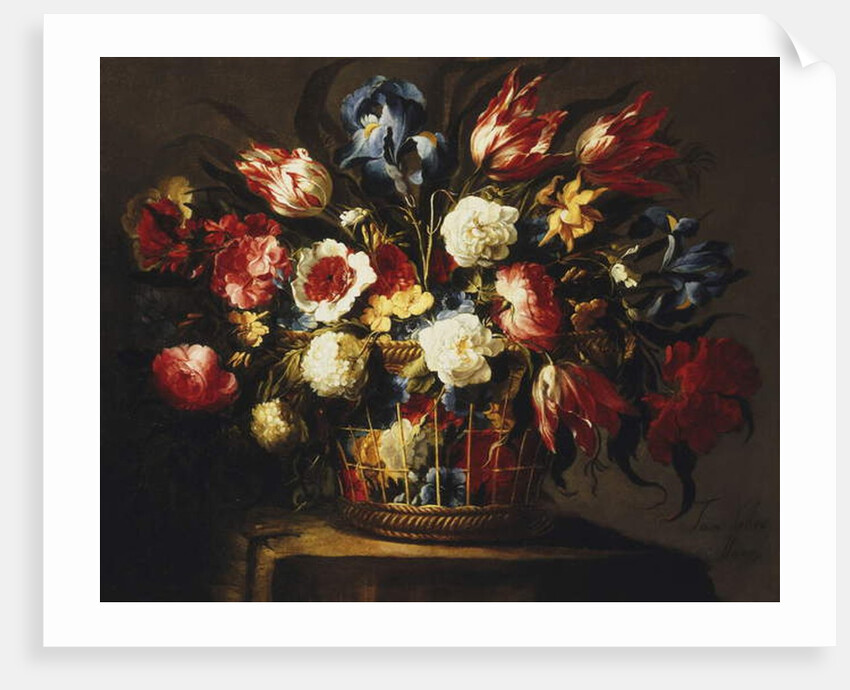 Flowers in a Basket on a stone Ledge by Juan de Arellano