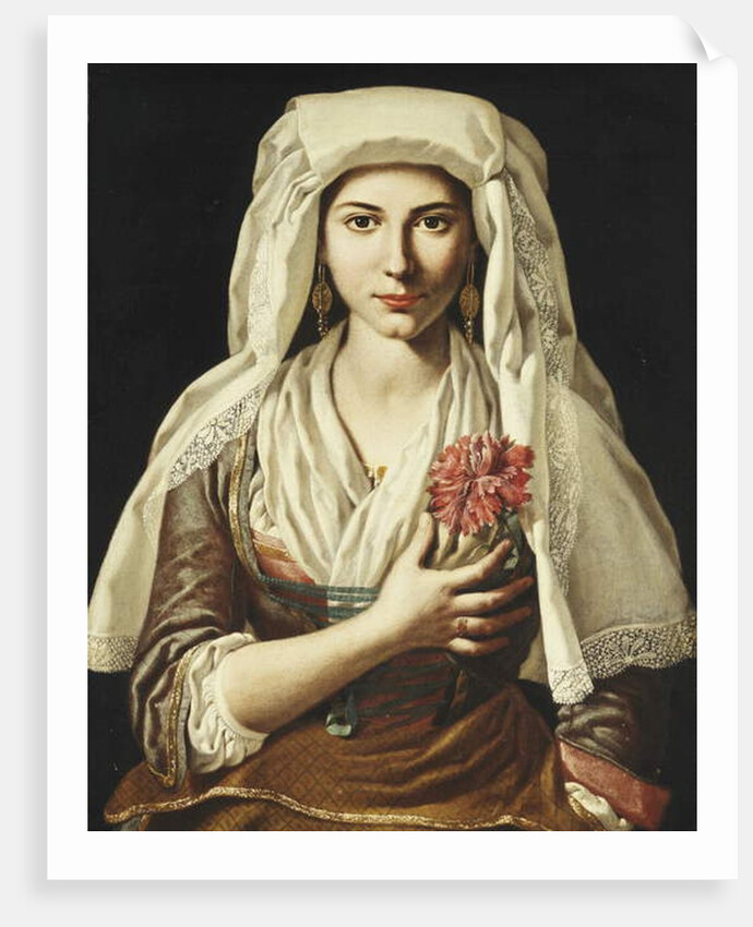 Portrait of a Young Woman, three-quarter length, Holding a Carnation by Francesco Cozza