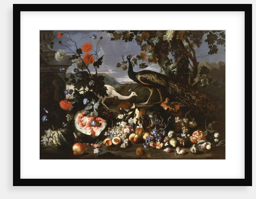 A Peacock and a Penhen with Fruit and Flowers in a Park by Franz Werner Tamm