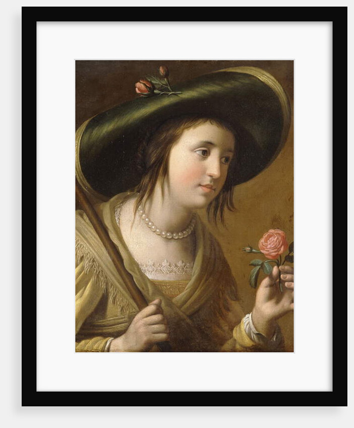 Portrait of Princess Elizabeth II van de Palts as a Shepherdess, bust length, holding a Rose by Gerrit van Honthorst