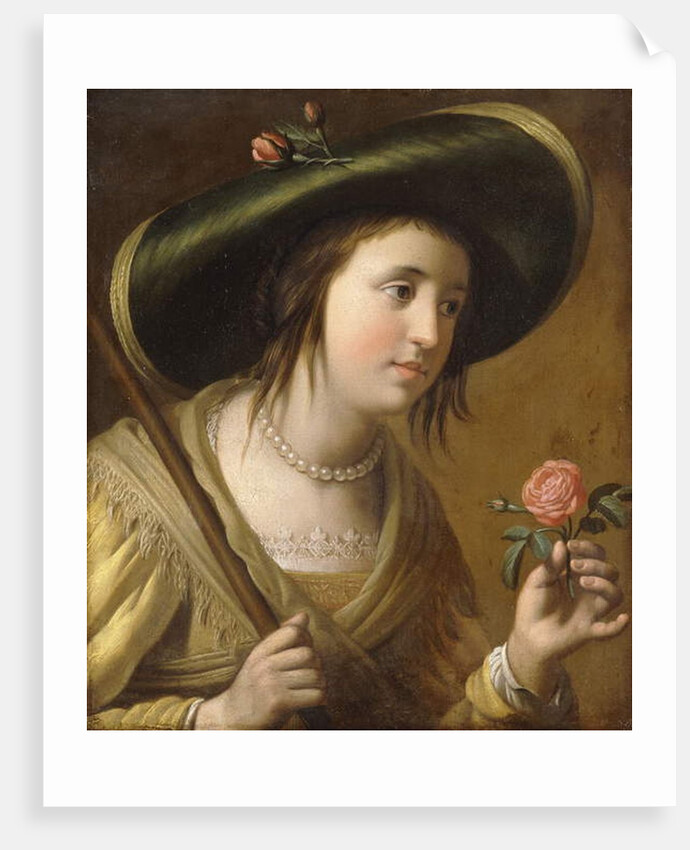 Portrait of Princess Elizabeth II van de Palts as a Shepherdess, bust length, holding a Rose by Gerrit van Honthorst