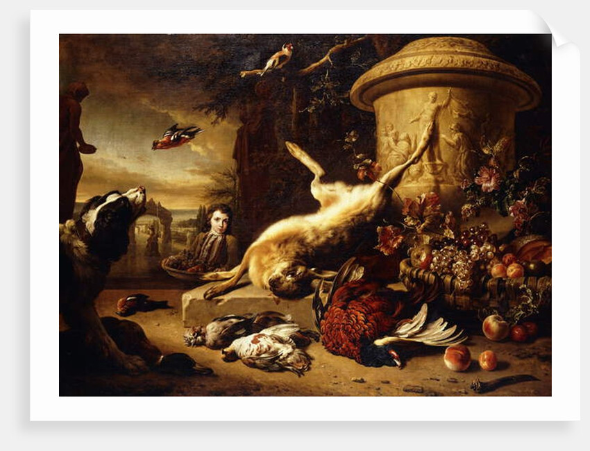 A dead Hare on a plinth by a sculpted Urn with a Basket of Fruit, a dead Pheasant, Mallard, Grouse, Jay and Chaffinch, a Dog watching a Goldfinch and a Boy bearing a Basket of Fruit in a Park, 1705 by Jan Weenix