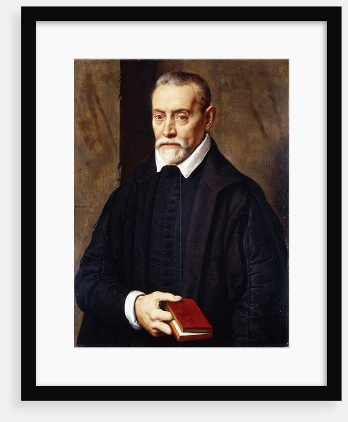 Portrait of an Academic, half-length, in black costume, holding a book by Willem Key