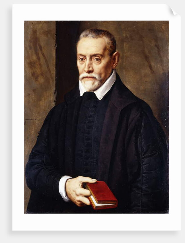 Portrait of an Academic, half-length, in black costume, holding a book by Willem Key