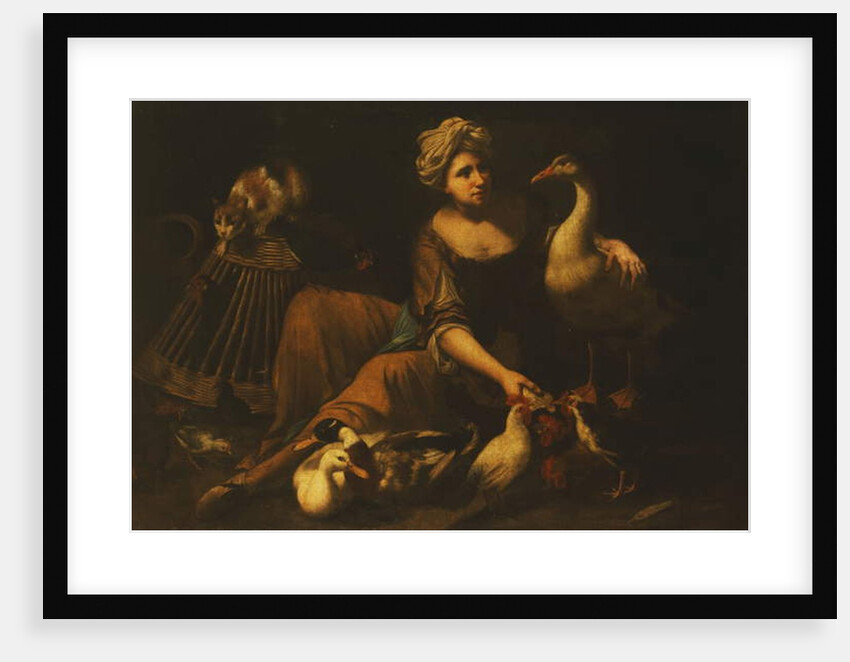 A Girl Feeding Cockerels, with a Cat on a Basket, a Goose, Duck and other Birds by Tommaso Salini