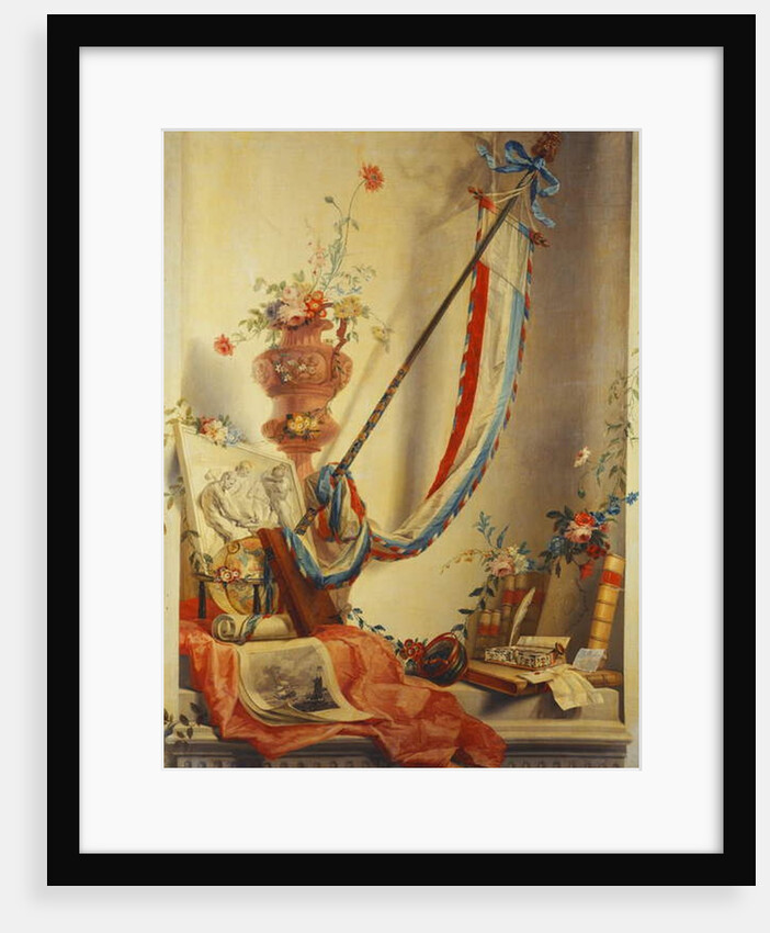 A Banner, Flowers in an Urn, a Relief, a Globe, a Print, a Compass, a Writing Set, Letters and Blaeu's Atlas in a Niche by Gerke Jans de Jager