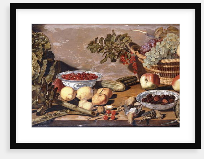 Bowls of Cherries and Blackberries, a Basket of Grapes, Apples and Red currants, a Cabbage, Artichoke, Lemons, Gerkins Nuts, Other Fruit, Dead Snipe and Thrushes on a Table by Robert Willemsz de Baudous