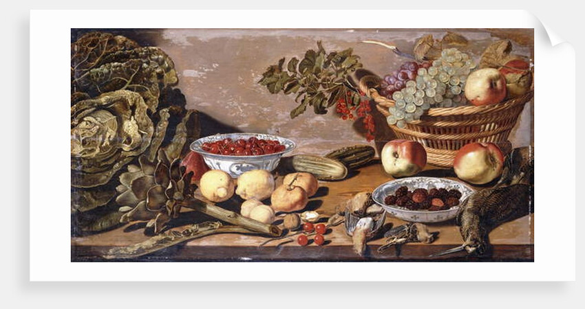 Bowls of Cherries and Blackberries, a Basket of Grapes, Apples and Red currants, a Cabbage, Artichoke, Lemons, Gerkins Nuts, Other Fruit, Dead Snipe and Thrushes on a Table by Robert Willemsz de Baudous