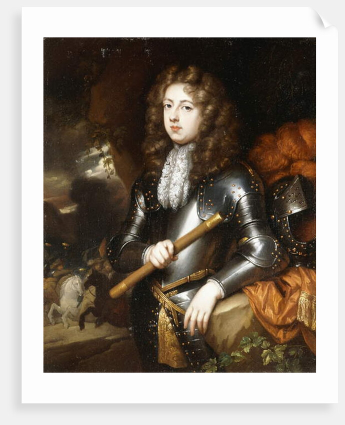 Portrait of a Commander, three-quarter length, in Armour, holding a Baton, his Plumed Helmet on a Rock nearby, a Cavalry Charge beyond, by Caspar Netscher