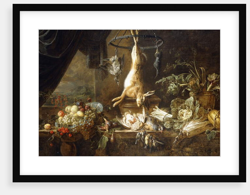 A Hare and Snipe Hanging from a Game-Ring, Fruit in a Wanli Kraak Porselein Bowl, Figs, Dead Partridges and Finches, Asparagus, Cabbage, Fennel and Artichokes in a Copper Pot on a Ledge by a Draped Casement by Adriaen van Utrecht