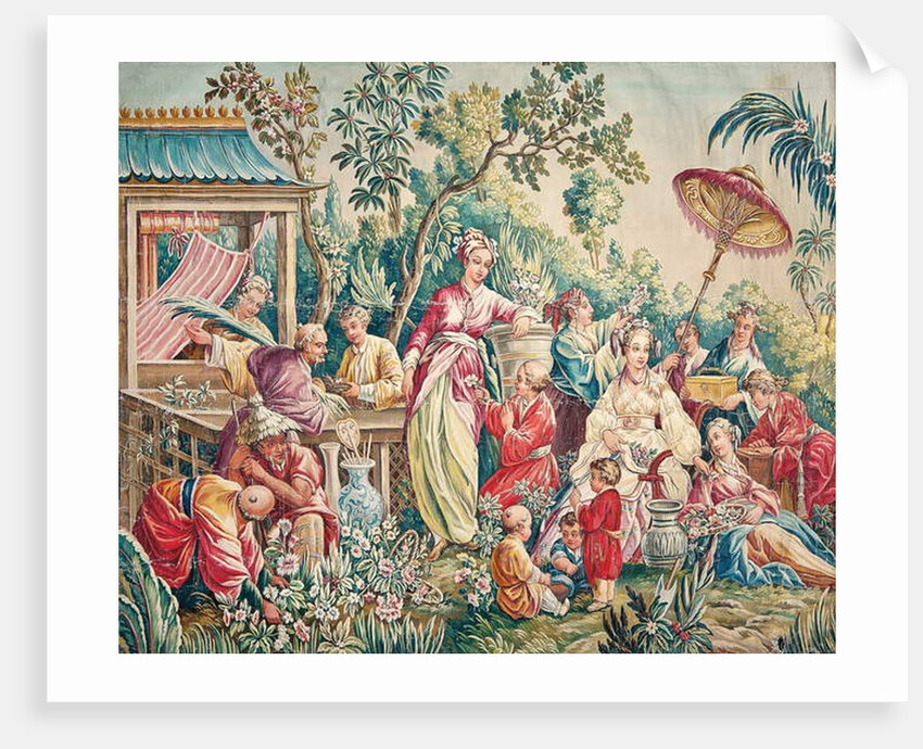 Aubusson cartoon for a wall hanging of figures in an Oriental garden by French School