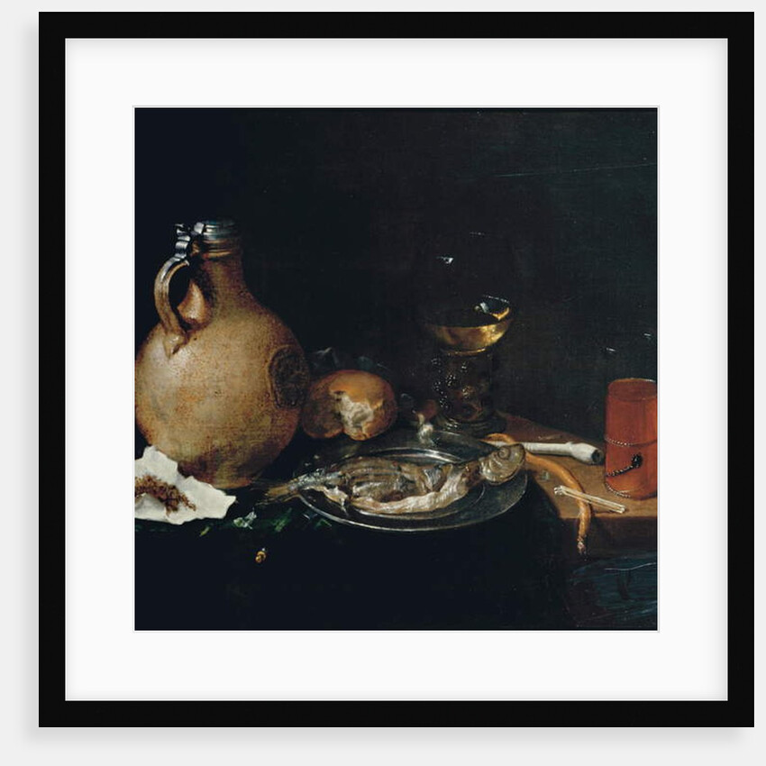 An earthenware tankard, tobacco in a piece of paper, a bun, a white clay pipe, a roemer, sliced herring on a pewter plate and a kometenglas on a partly-draped wooden table by Cornelis Stangerus