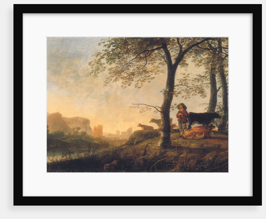 Evening river landscape with a cowherd and cows by the edge of a copse, a bridge and ruins beyond by Abraham van Calraet