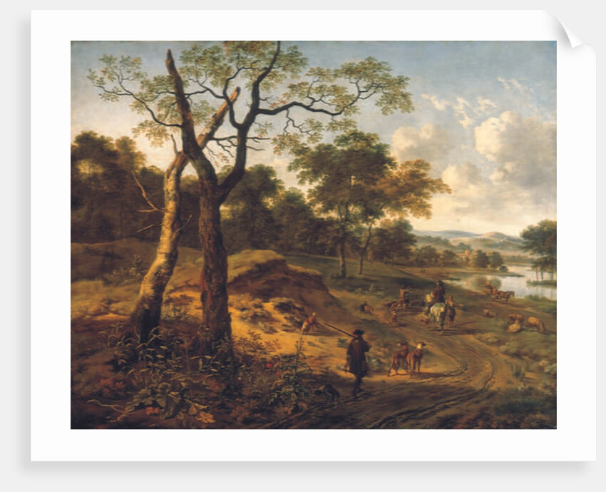 Wooded evening landscape with a hunter and dogs by Adriaen van de & Wynants Jan Velda