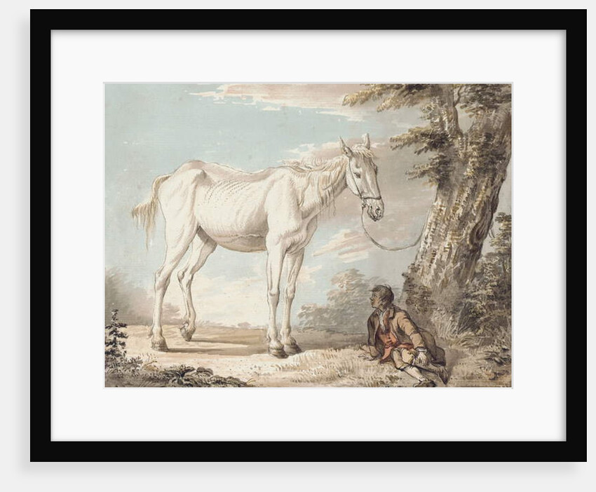 An Old Grey Horse Tethered to a Tree, a Boy resting nearby by Paul Sandby