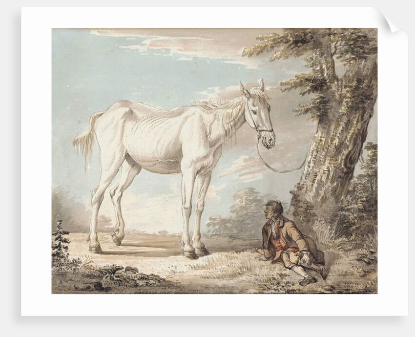 An Old Grey Horse Tethered to a Tree, a Boy resting nearby by Paul Sandby