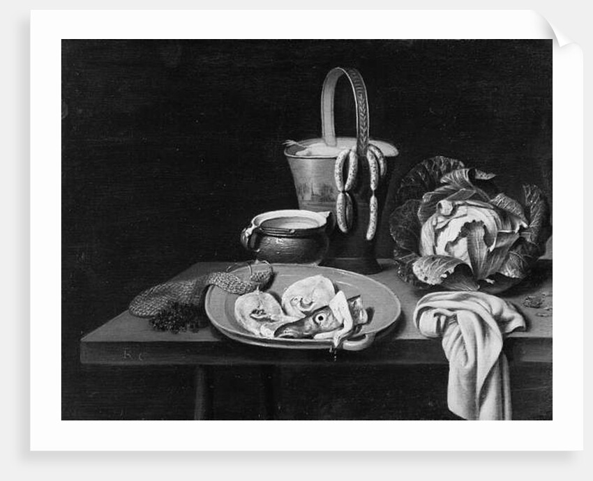 Fish on an earthenware plate, a pail with sausages, a glazed pottery bowl, a cabbage and a cloth on a wooden table by Reinier or Reynier Coveyn or Covyn