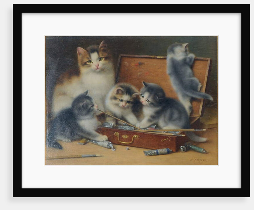 Mother Cat and her Kittens playing in a Paint Box by Wilhelm Schwar