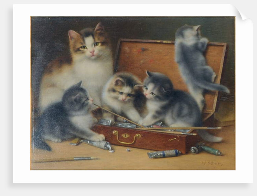 Mother Cat and her Kittens playing in a Paint Box by Wilhelm Schwar