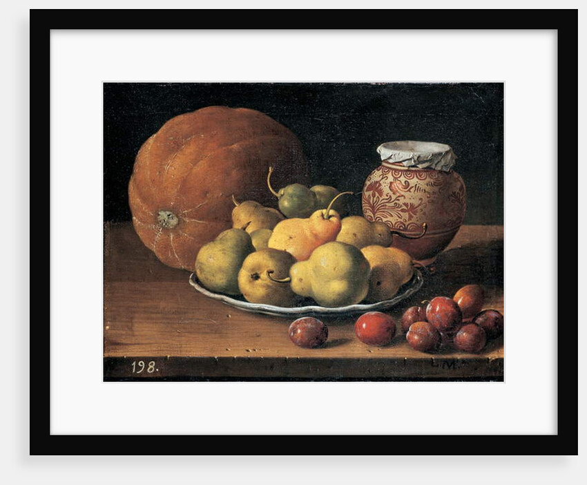 Pears on a plate, a melon, plums and a decorated mansies jar on a wooden ledge by Luis Egidio Menendez or Melendez