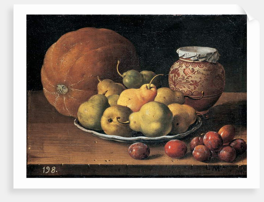 Pears on a plate, a melon, plums and a decorated mansies jar on a wooden ledge by Luis Egidio Menendez or Melendez