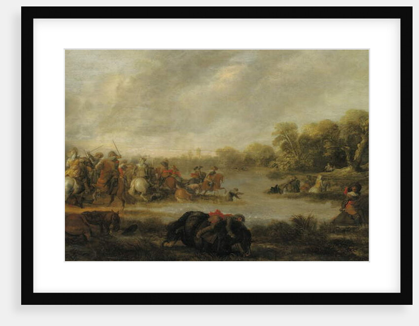 A cavalry skirmish by a river by Palamedes Palamedesz