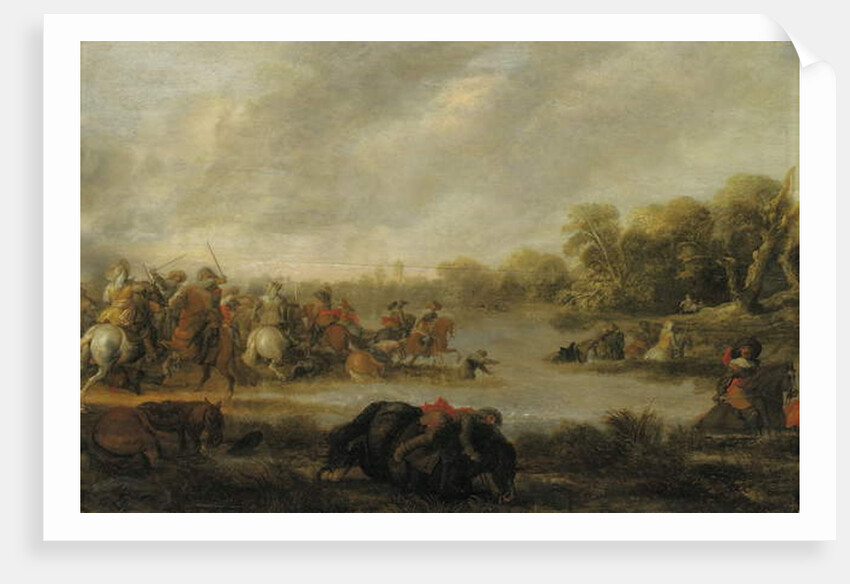 A cavalry skirmish by a river by Palamedes Palamedesz