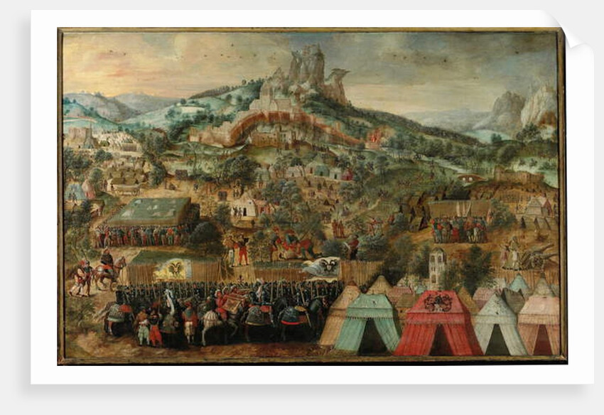 A siege at Therouanne, with an army led by Charles V encamped below the city by Herri met de Bles