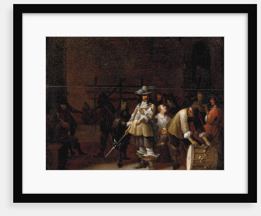 A guardroom interior with a cavalier conversing with a drummer by Anthonie Palamedesz