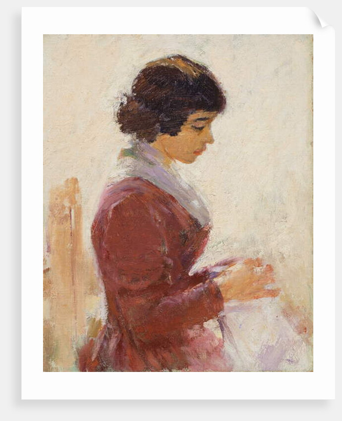 Girl in Red, Sewing by Theodore Robinson