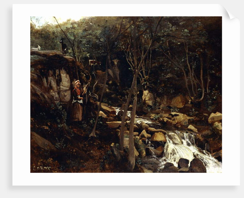 Lormes - A Torrent with a Standing Peasant, Spinning Wool, 1842 by Jean Baptiste Camille Corot
