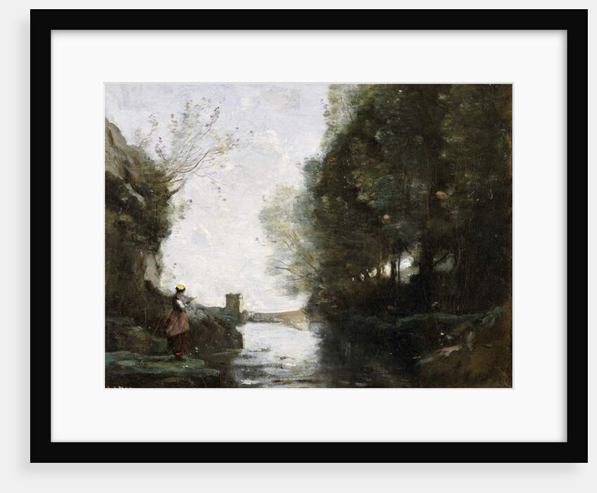 A River with a Square Tower and a Farmer in the foreground, c.1865-70 by Jean Baptiste Camille Corot