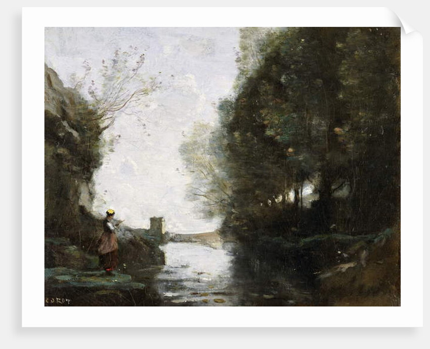 A River with a Square Tower and a Farmer in the foreground, c.1865-70 by Jean Baptiste Camille Corot