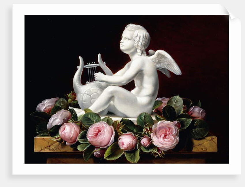 Garland of Pink Roses around Cupid playing a Lyre on a marble ledge, 1841 by Johan Laurents Jensen