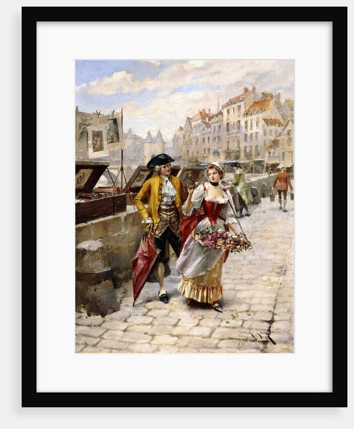 Gentleman and Flower Girl near Book Stalls by the Seine by Henri-Victor Lesur