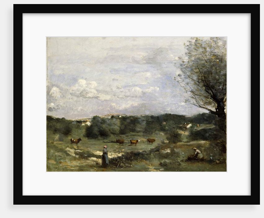 Meadow with Cows, a Willow on the right and a Distant Village by Jean Baptiste Camille Corot
