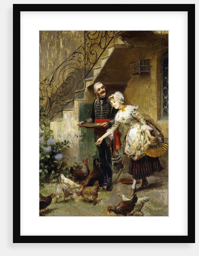 An Elegant Couple feeding Chickens in a Courtyard by Giacomo Mantegazza