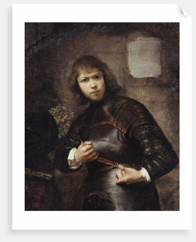 A Soldier, standing three-quarter length, buckling his belt by Willem Drost